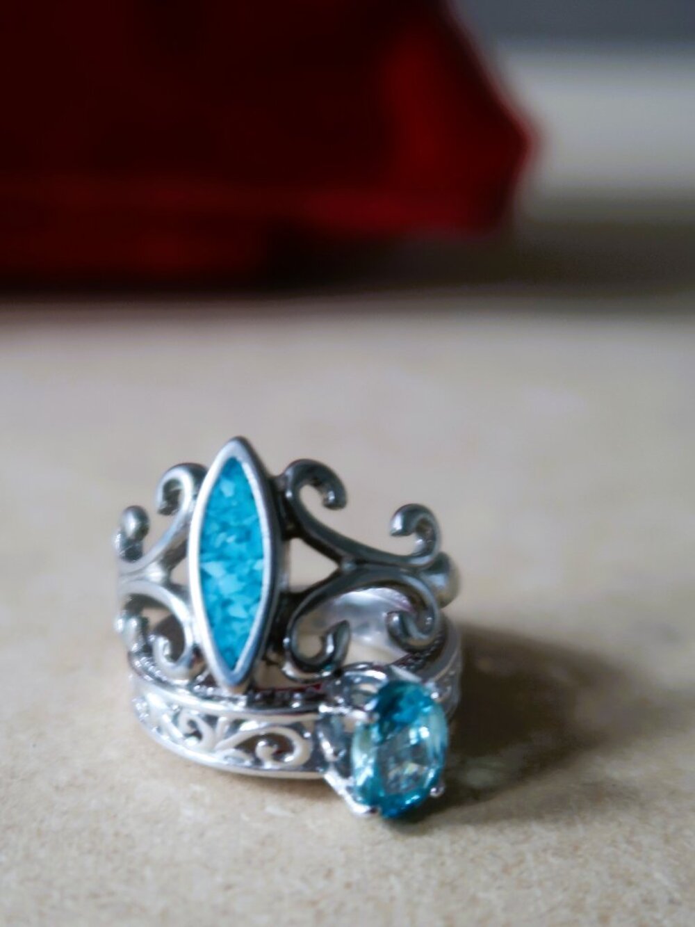 Mermaid Beach Vibes Blue Gemstone Ring Duo Markings are Worn See Description